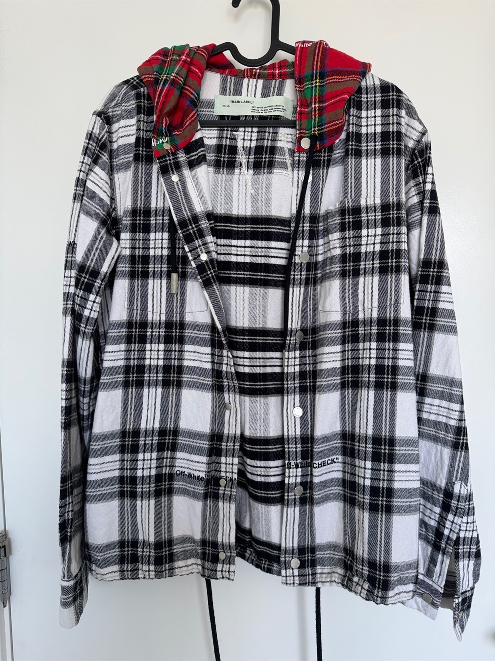 Off-White Black & White Plaid Jacket with Red Tartan Hood